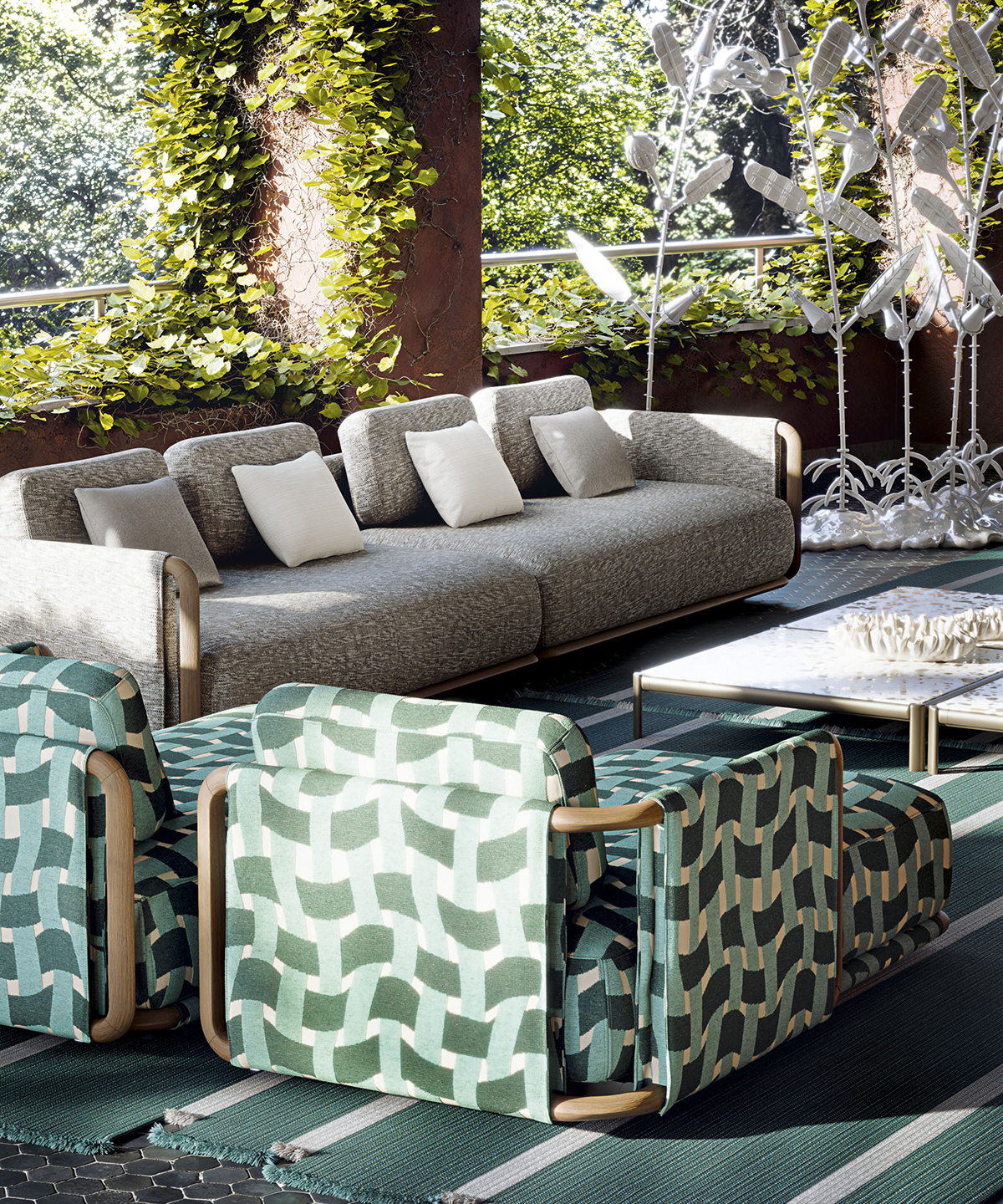 Image set at Villa Il Girasole®, Marcellise, Verona.
Moorea table and chairs, Marimo sculptures, Nisida carpets.